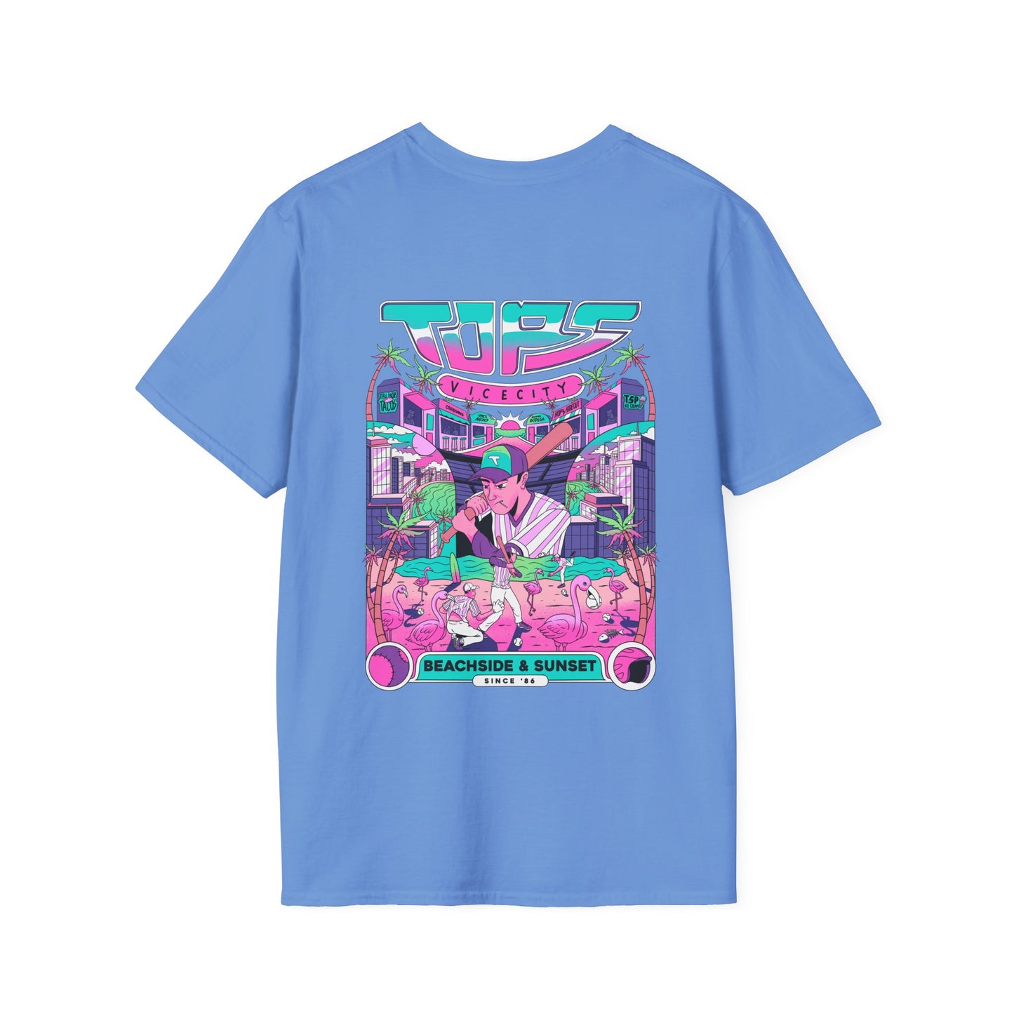 Retro Beach Sunset T-Shirt — Neon Miami Vice Surf Graphic
