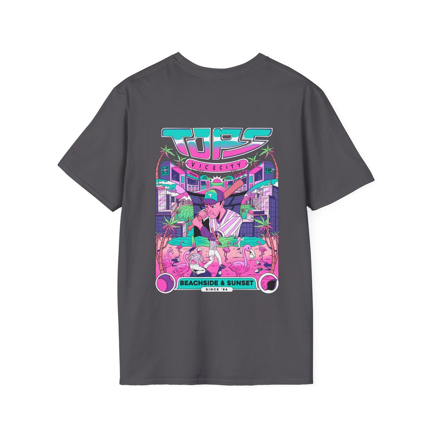 Retro Beach Sunset T-Shirt — Neon Miami Vice Surf Graphic