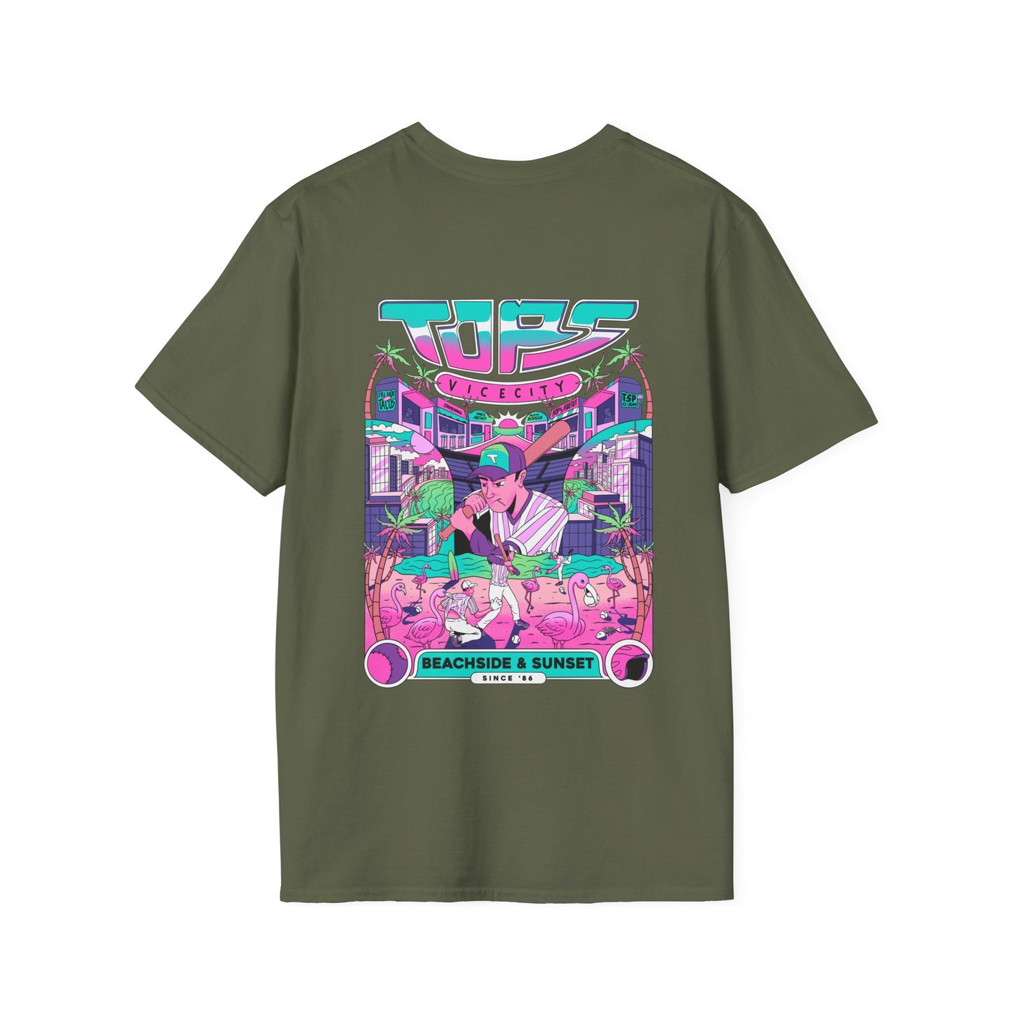 Retro Beach Sunset T-Shirt — Neon Miami Vice Surf Graphic