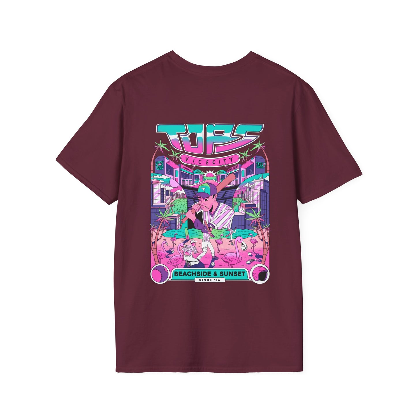 Retro Beach Sunset T-Shirt — Neon Miami Vice Surf Graphic