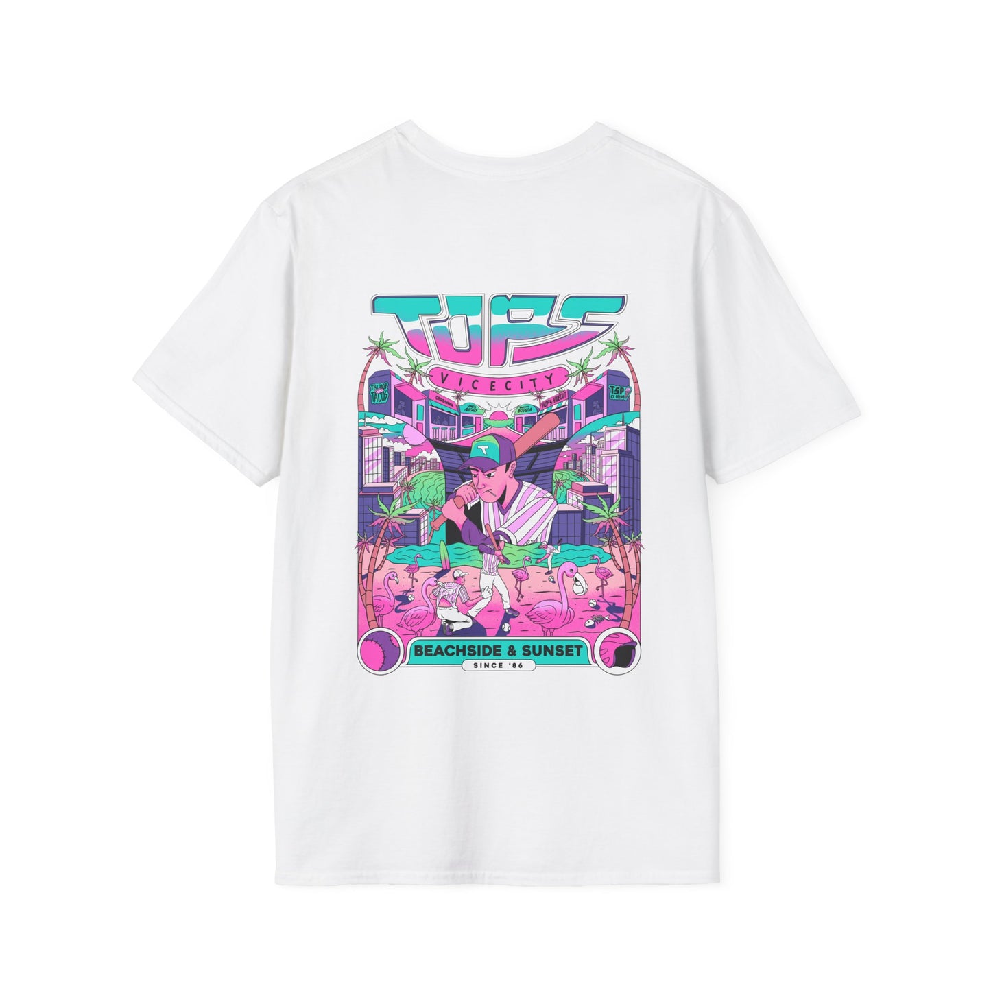 Retro Beach Sunset T-Shirt — Neon Miami Vice Surf Graphic