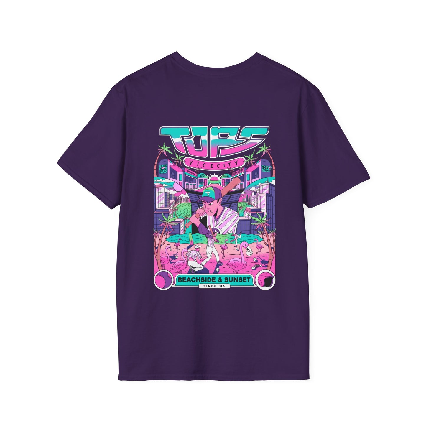 Retro Beach Sunset T-Shirt — Neon Miami Vice Surf Graphic