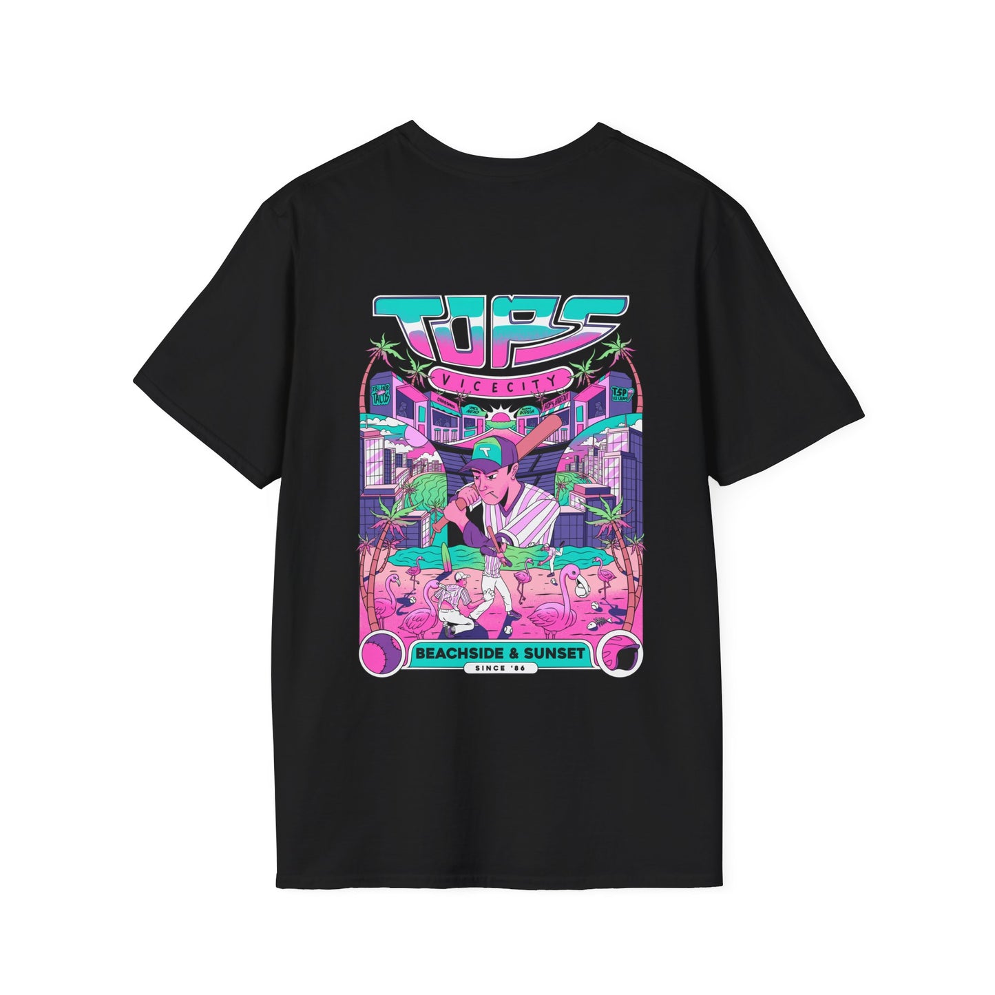 Retro Beach Sunset T-Shirt — Neon Miami Vice Surf Graphic