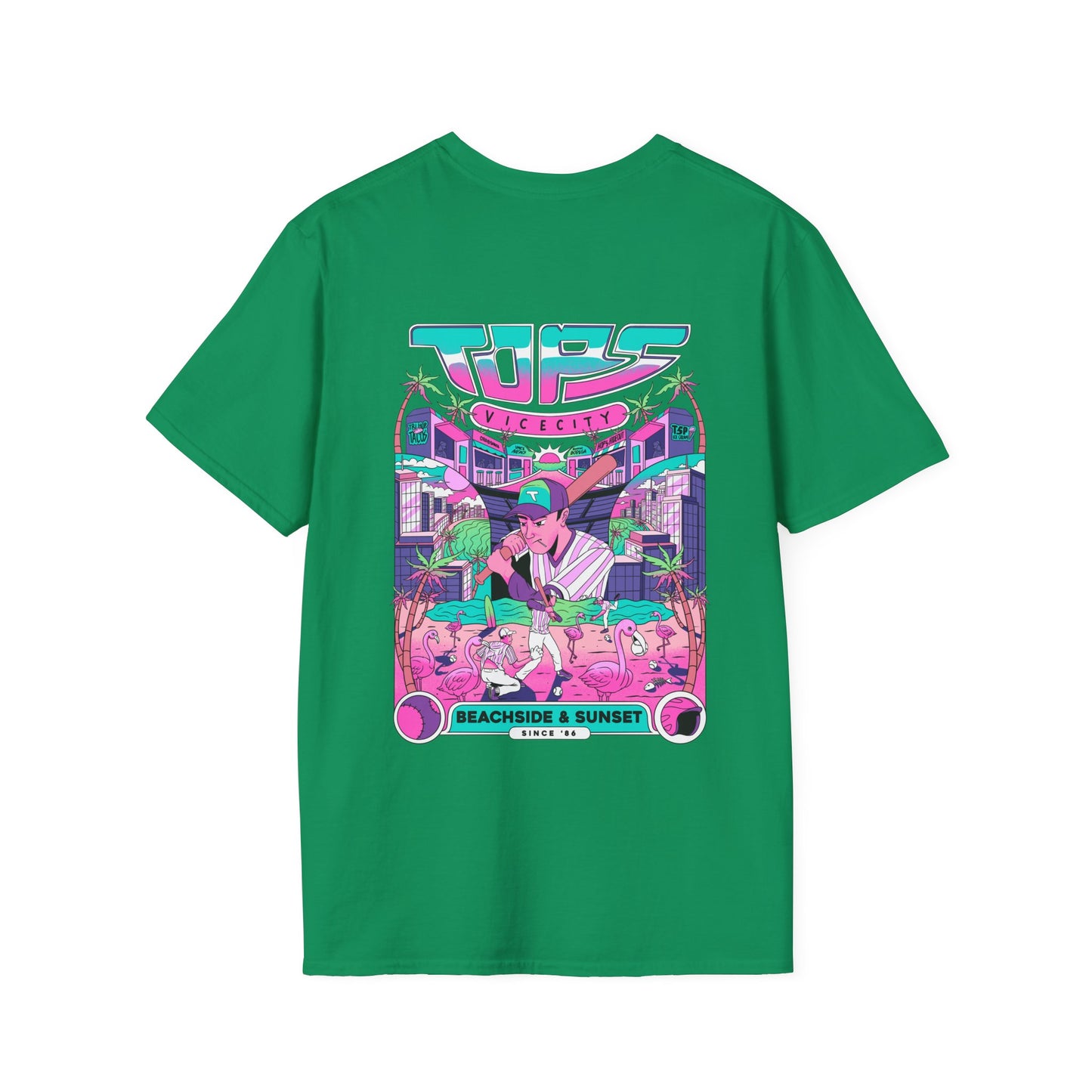 Retro Beach Sunset T-Shirt — Neon Miami Vice Surf Graphic