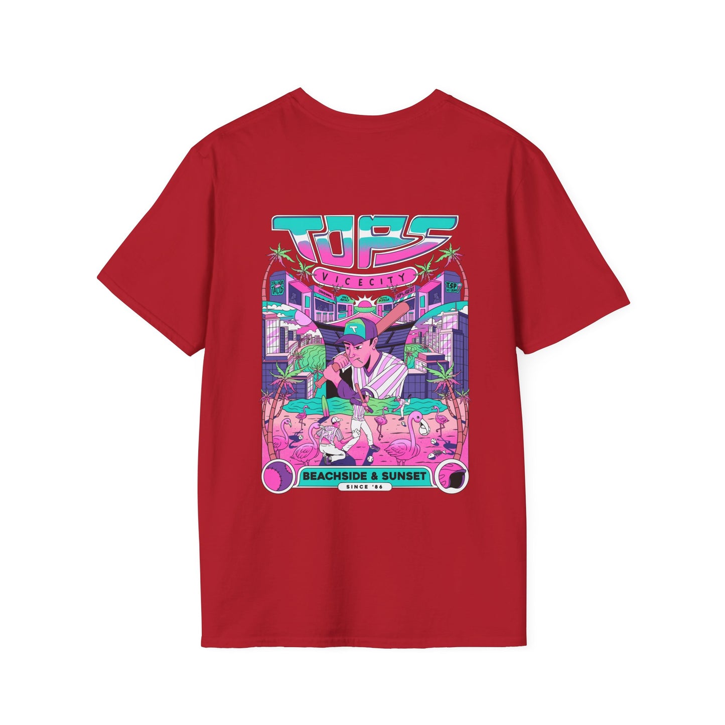 Retro Beach Sunset T-Shirt — Neon Miami Vice Surf Graphic