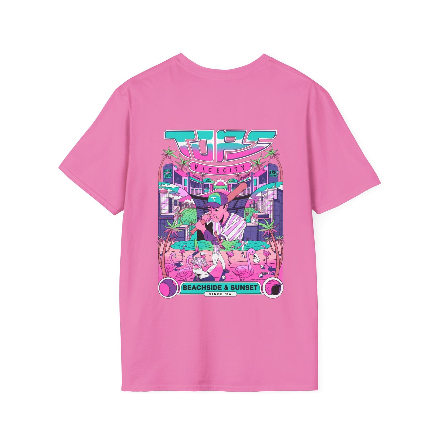 Retro Beach Sunset T-Shirt — Neon Miami Vice Surf Graphic