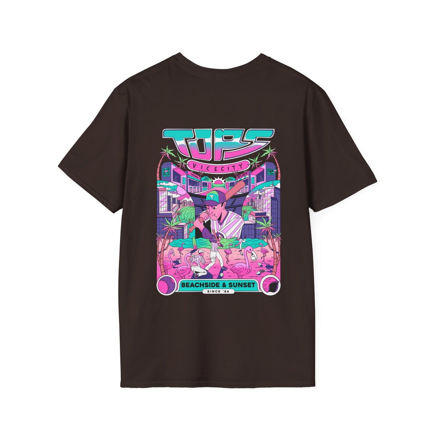 Retro Beach Sunset T-Shirt — Neon Miami Vice Surf Graphic