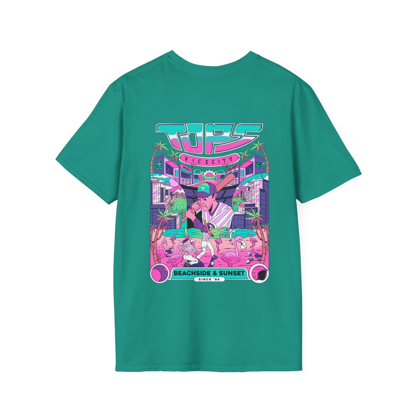 Retro Beach Sunset T-Shirt — Neon Miami Vice Surf Graphic
