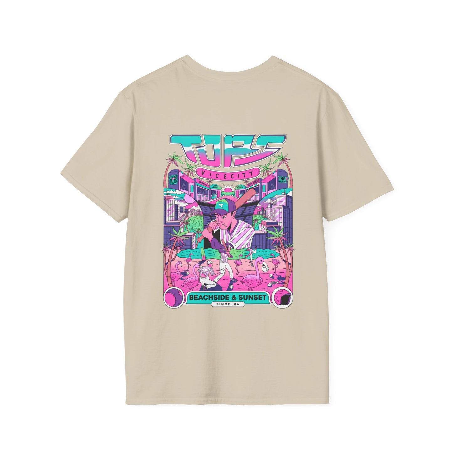 Retro Beach Sunset T-Shirt — Neon Miami Vice Surf Graphic